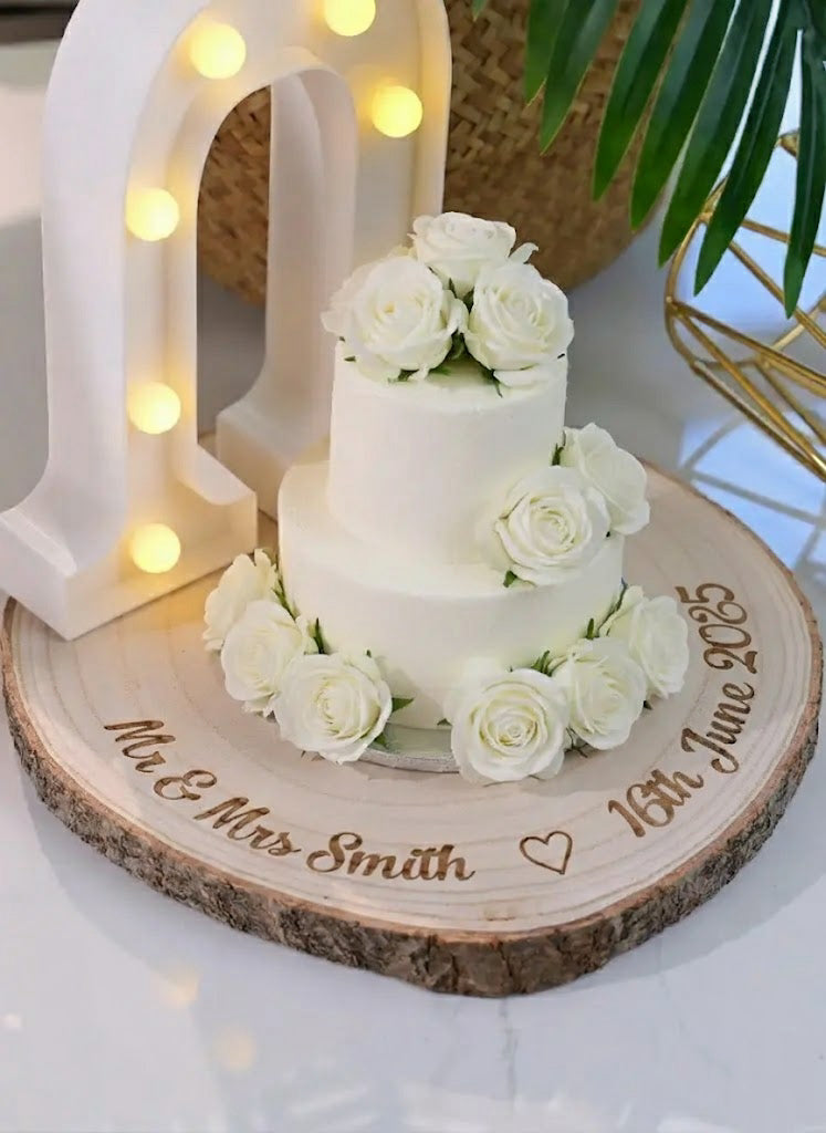 Personalized Engraved Wood Slice Wedding Cake Display Board