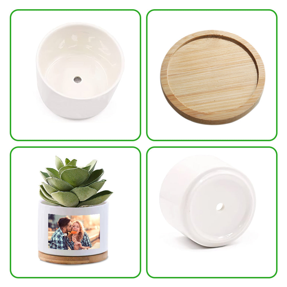Custom Photo Ceramic Flower Pot Personalized Modern Succulent Planter Pots with Bamboo Tray — product image 3