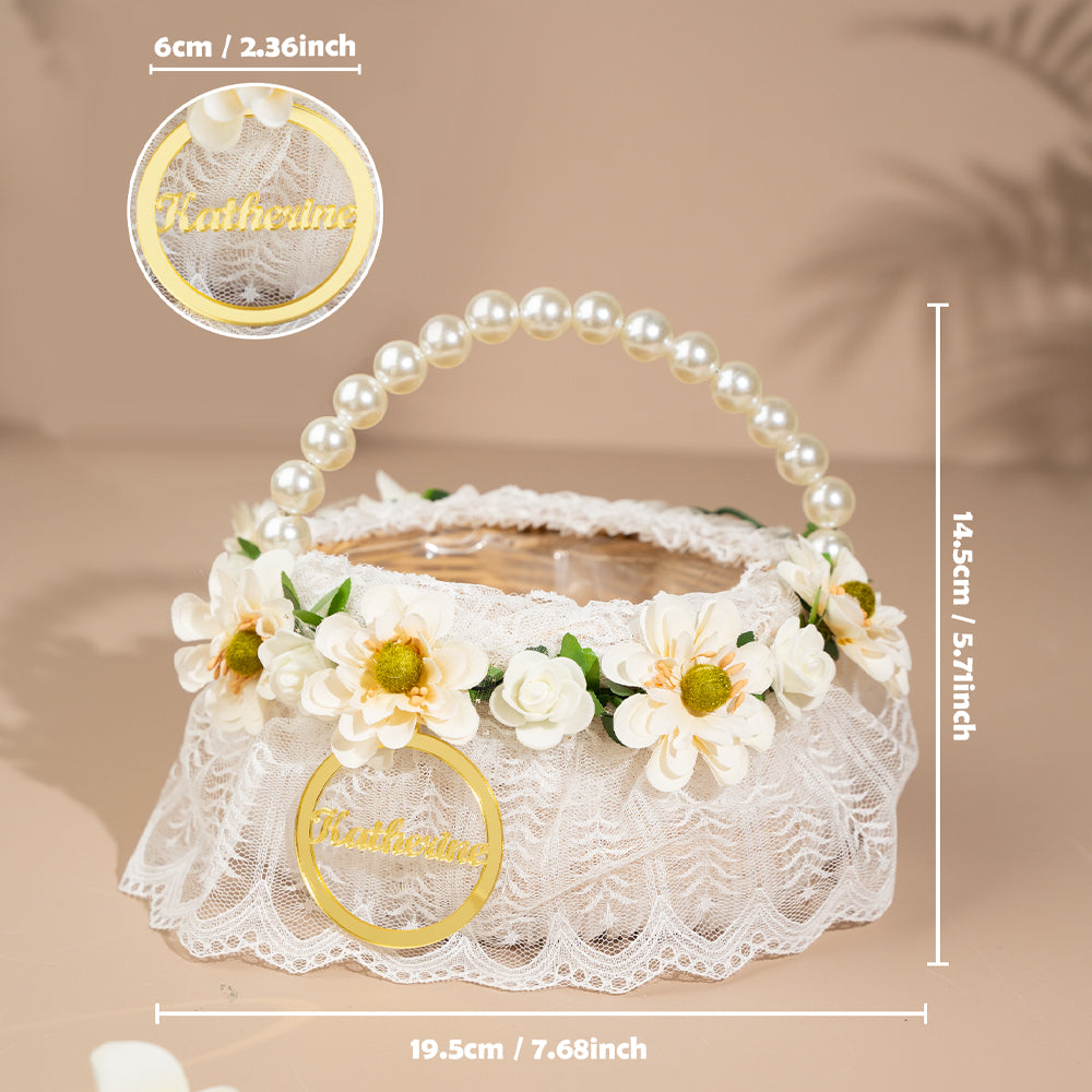 Personalized Handmade Flowers Wreath Rattan Flower Girl Basket with Name and Pearl Handle Wedding Ceremony Gift — product image 6