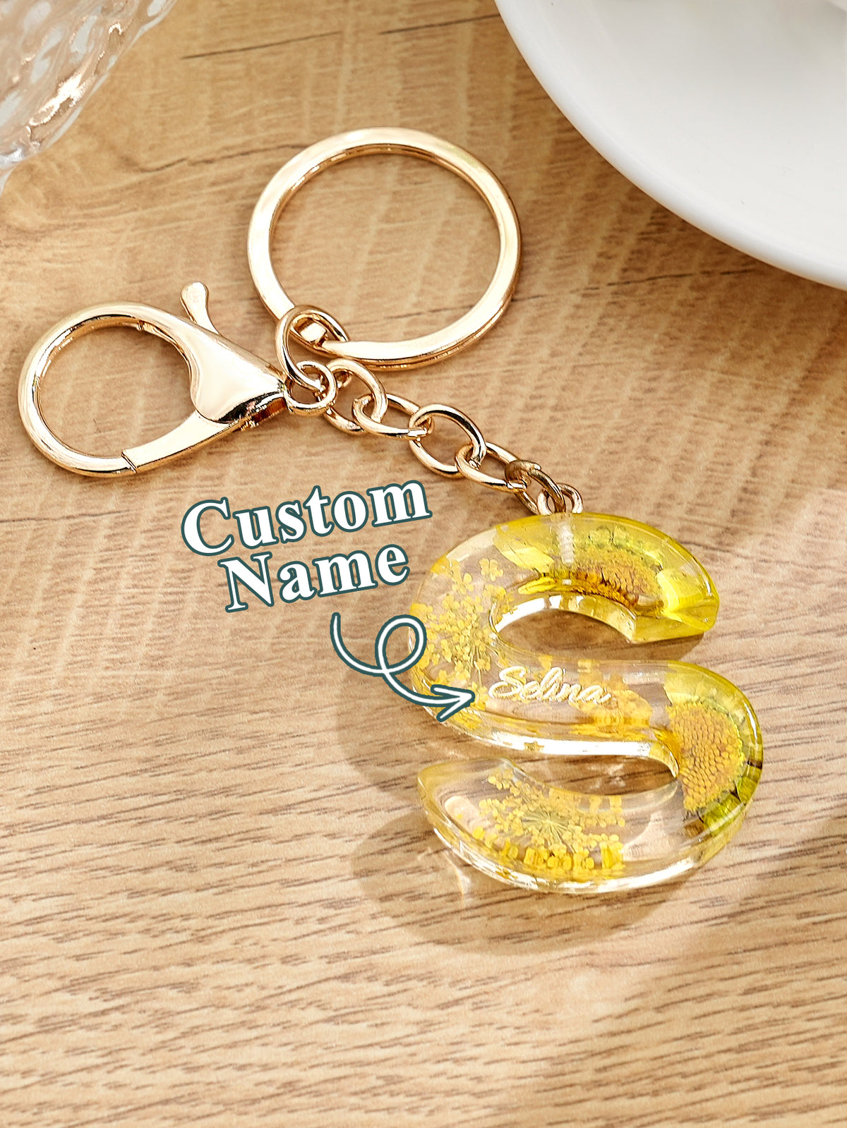 Personalized Name Light Yellow Dried Flower Letter Keychain – Custom Alphabet Bag Charm — product image
