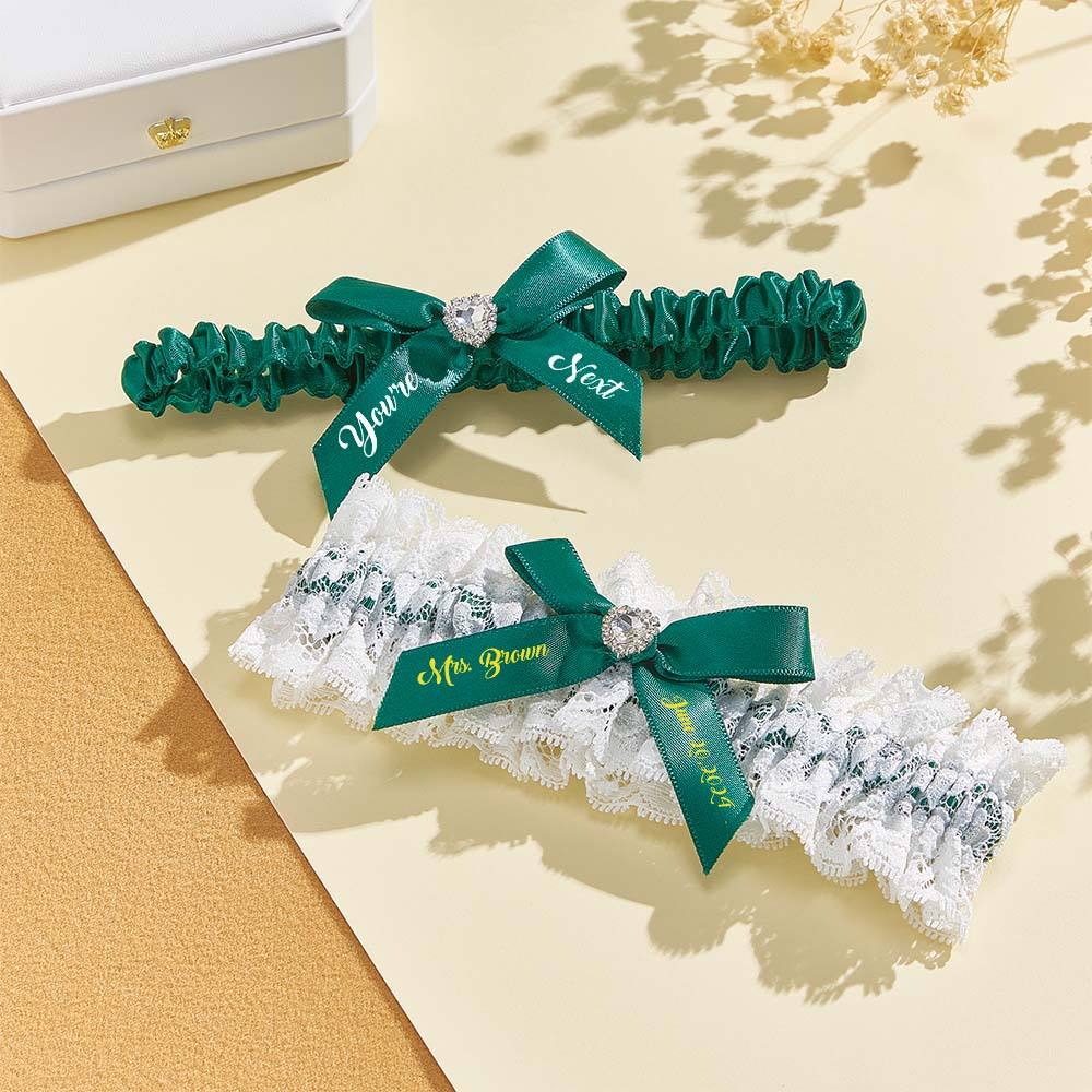 Personalized Bridal Garter Set With White Lace You're Next Bridal Garter Set Gift for Bride — product image 2