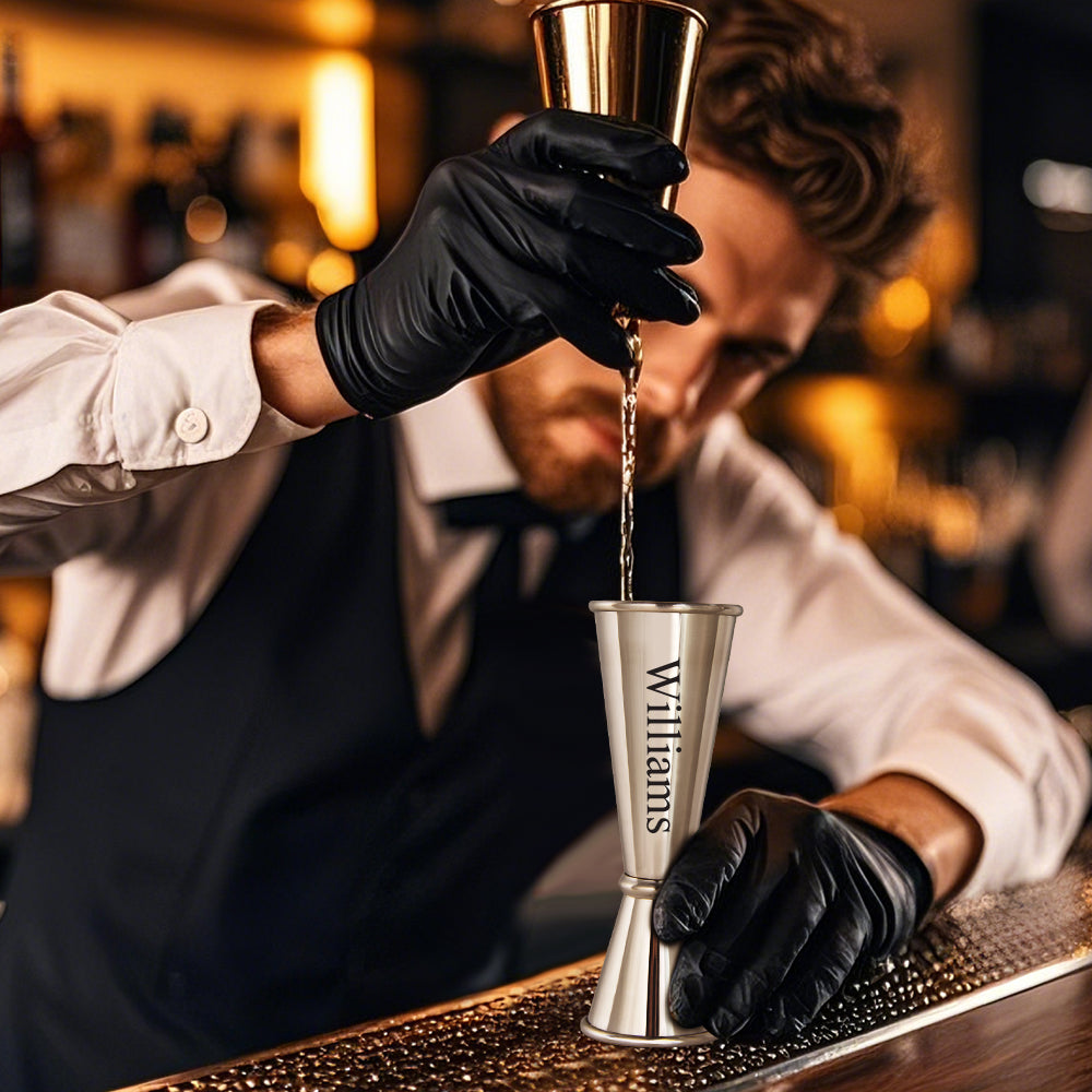 Personalized Engraved Text Stainless Steel Cocktail Jigger Measurements Gift for Bartender — product image 4