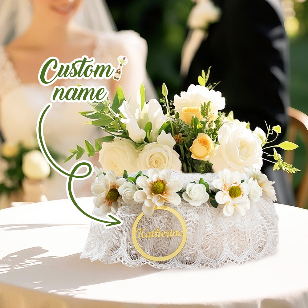 Personalized Handmade Flowers Wreath Rattan Flower Girl Basket with Name and Pearl Handle Wedding Ceremony Gift — product image
