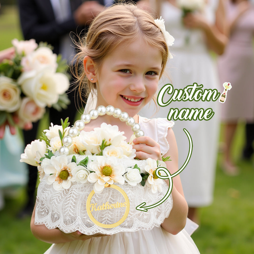 Personalized Handmade Flowers Wreath Rattan Flower Girl Basket with Name and Pearl Handle Wedding Ceremony Gift — product image 2