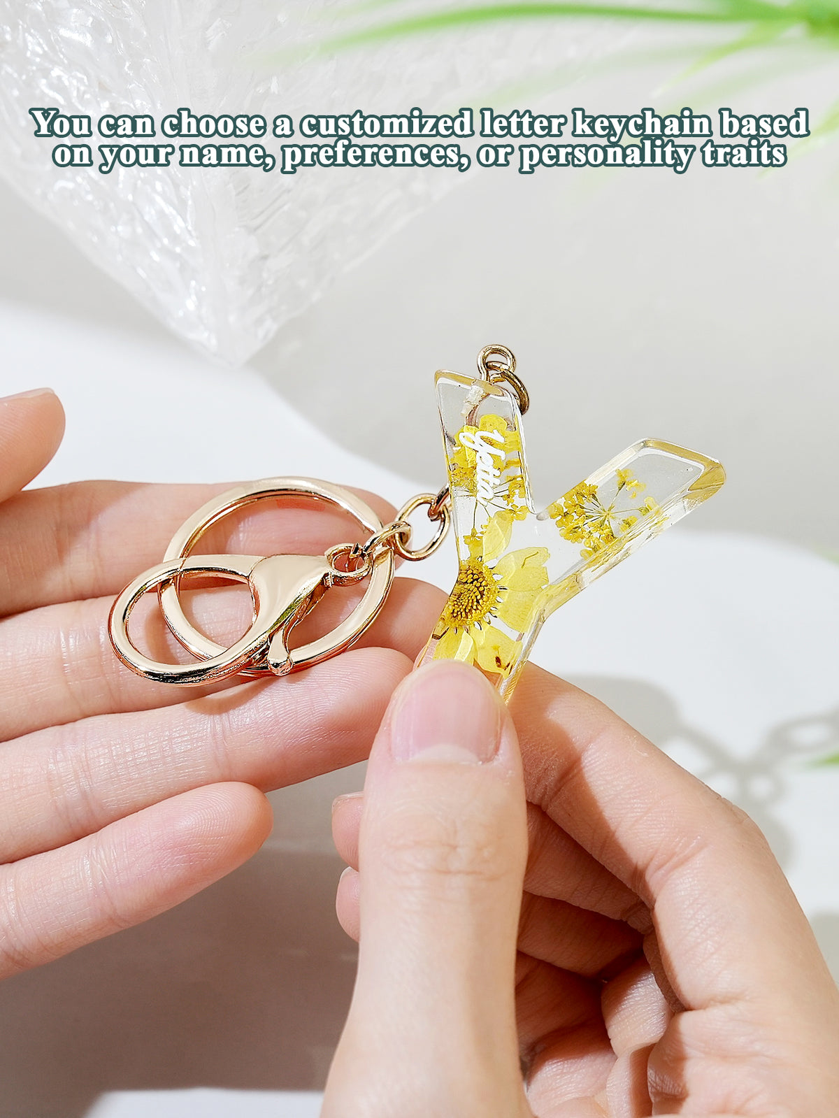 Personalized Name Light Yellow Dried Flower Letter Keychain – Custom Alphabet Bag Charm — product image 2