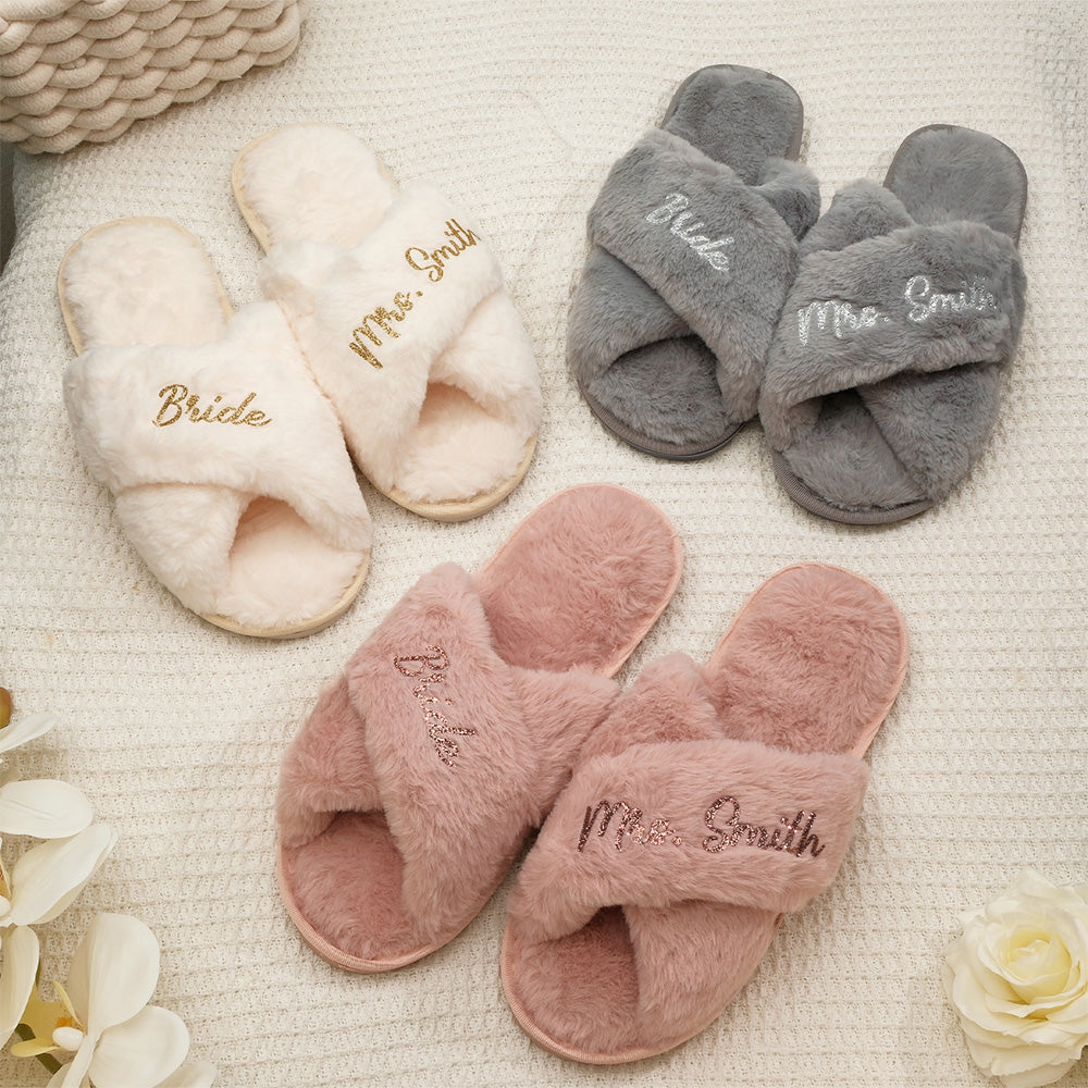 Custom Fluffy Slippers Fluffy Cross Slippers Bride Slippers Bridesmaid Gift — product image