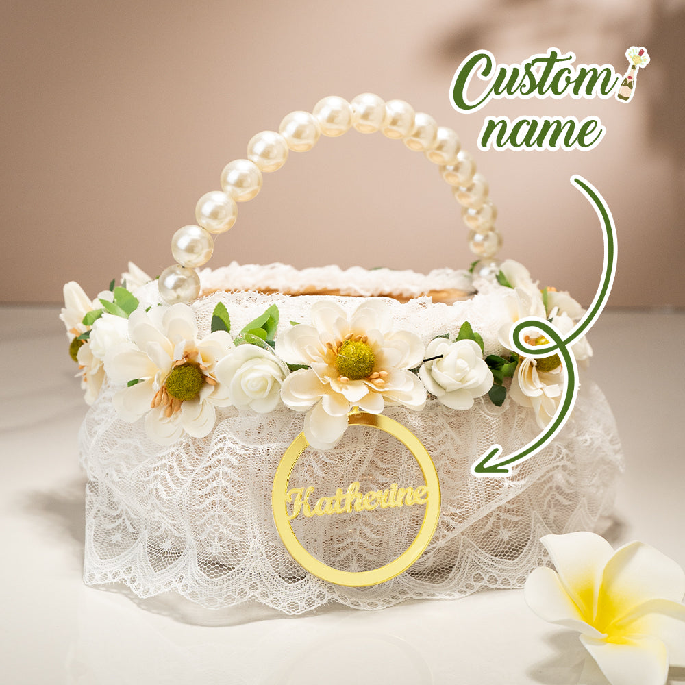 Personalized Handmade Flowers Wreath Rattan Flower Girl Basket with Name and Pearl Handle Wedding Ceremony Gift — product image 4