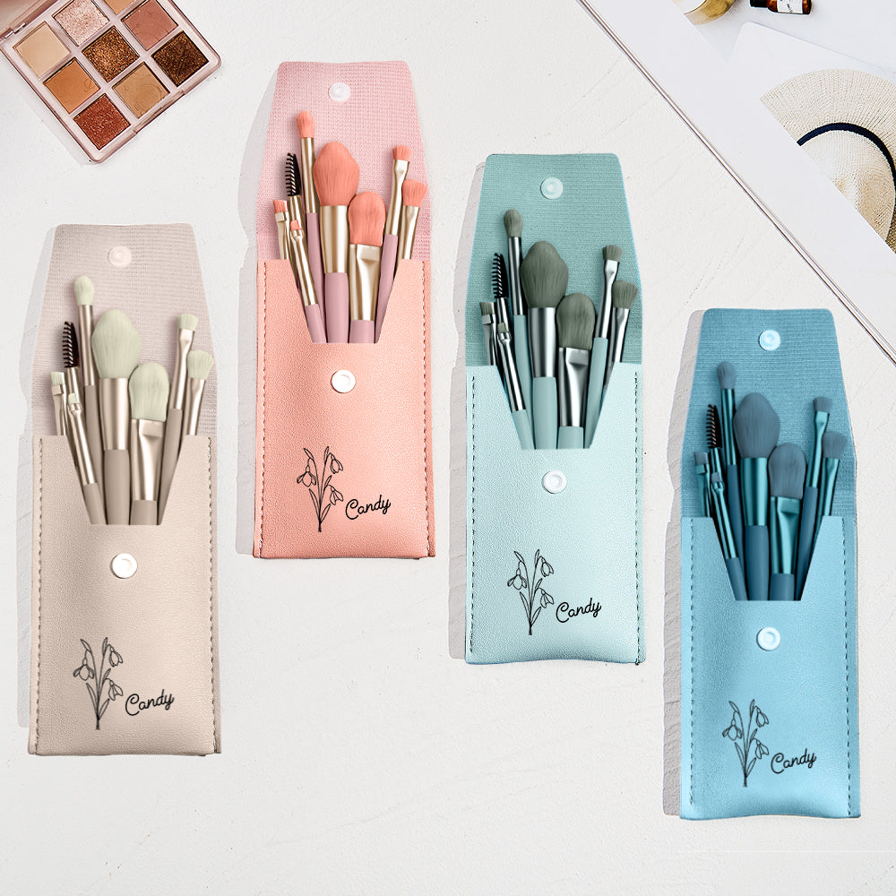 Personalized Birth Flower PU Leather Makeup Brush Bag with 8 Pcs Makeup Brushes Birthday Gift for Her — product image