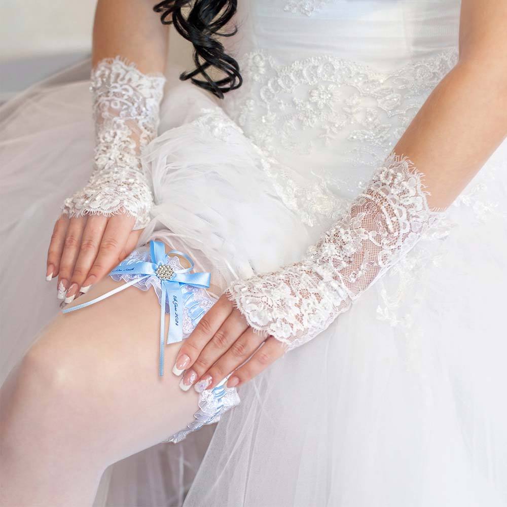 Personalized Wedding Garter with Name and Wedding Date Excellent Gift for the Bride Something Blue — product image 2