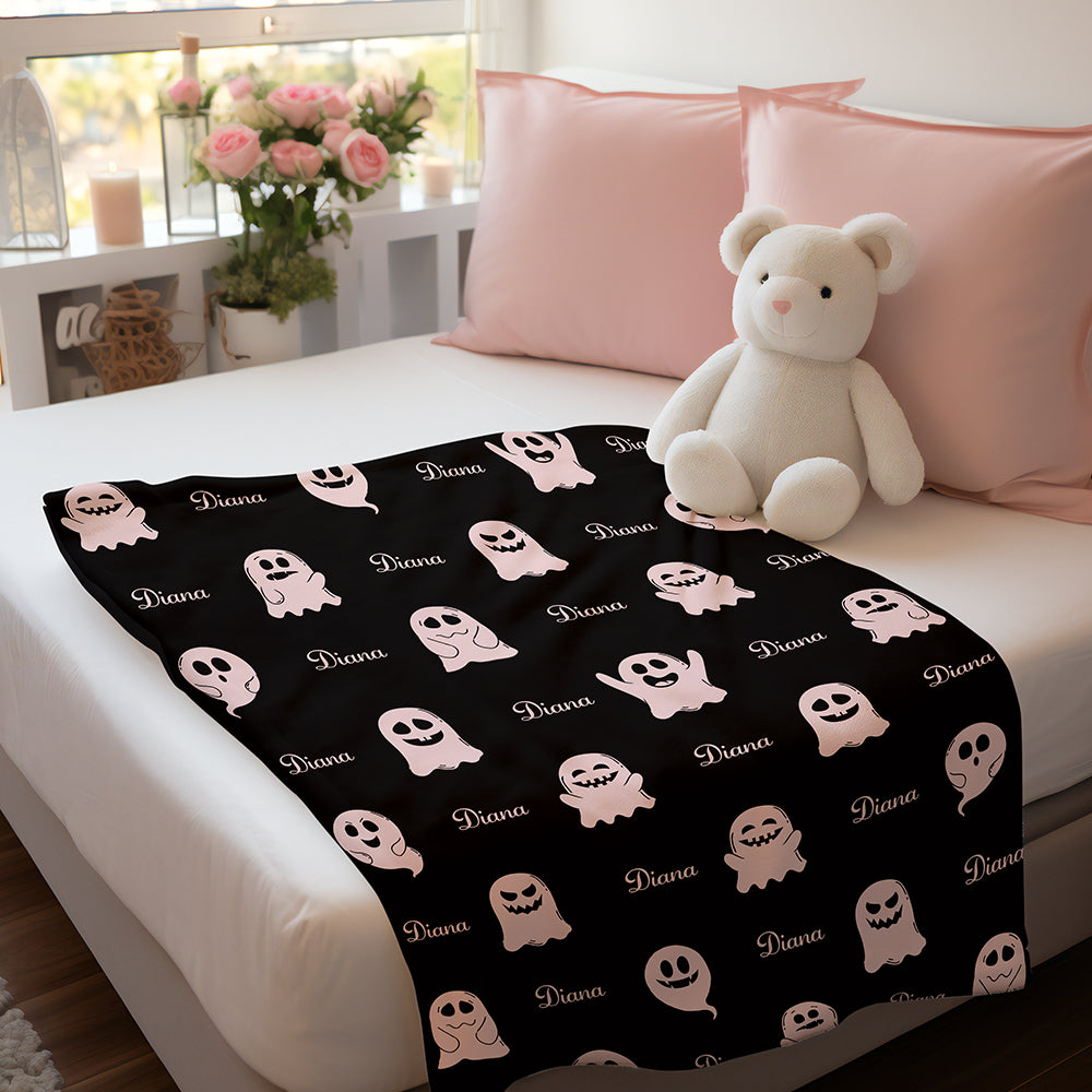 Personalized Name Spooky Ghost Pattern Blanket – Custom Name Engraving Halloween Gift — product image