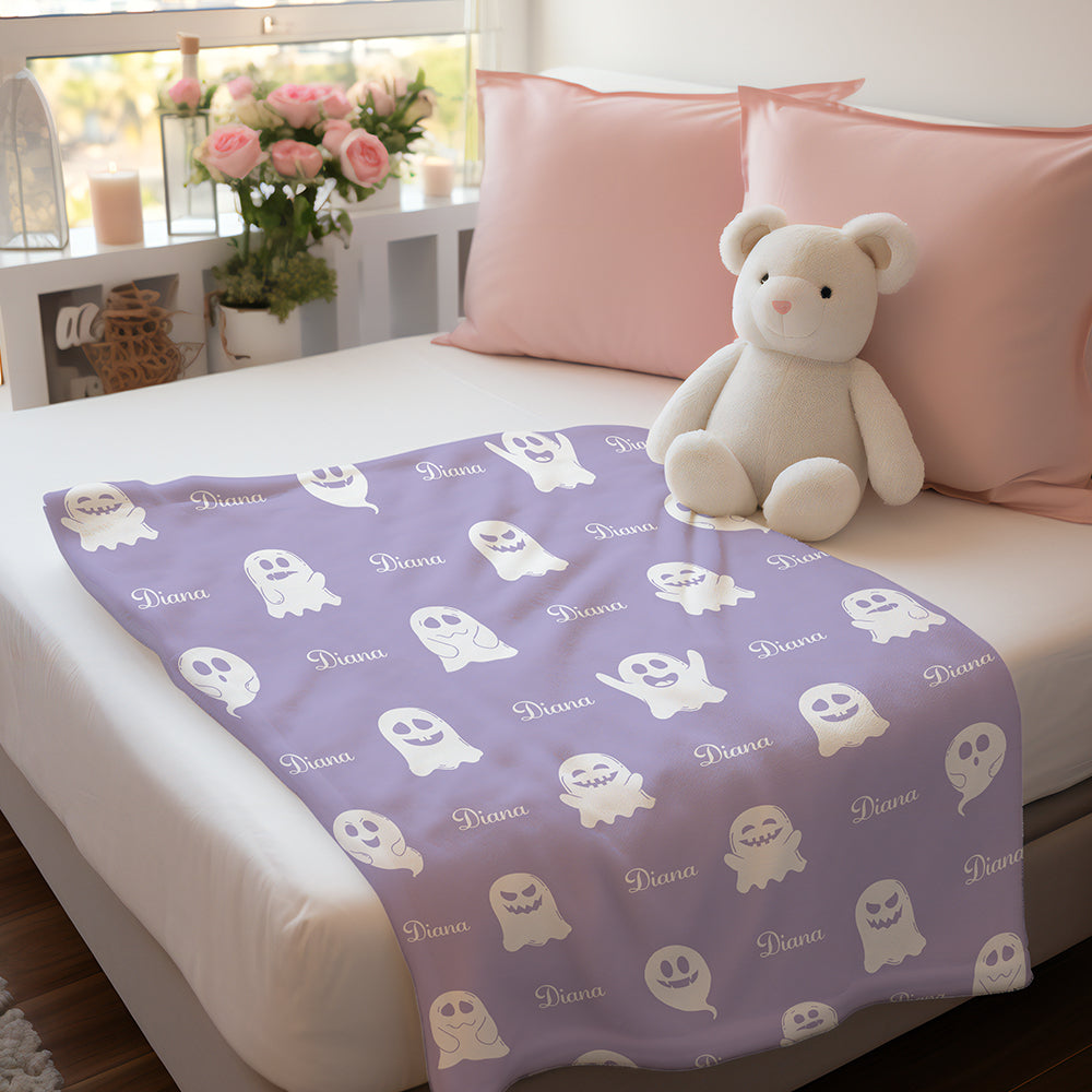 Personalized Name Spooky Ghost Pattern Blanket – Custom Name Engraving Halloween Gift — product image 5