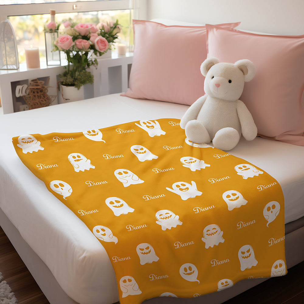 Personalized Name Spooky Ghost Pattern Blanket – Custom Name Engraving Halloween Gift — product image 6