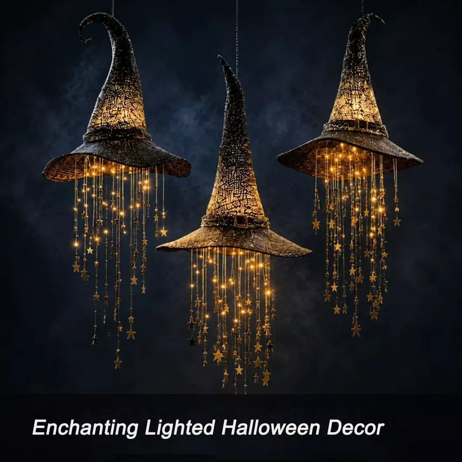 LED Light-Up Witch Hat Halloween Hanging Decor with Bell, Glowing Witch Hat Ornament for Indoor & Outdoor Parties