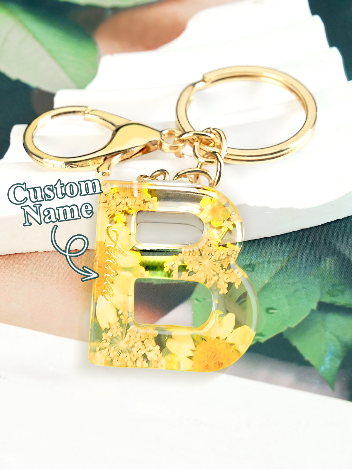 Personalized Name Light Yellow Dried Flower Letter Keychain – Custom Alphabet Bag Charm — product image 5