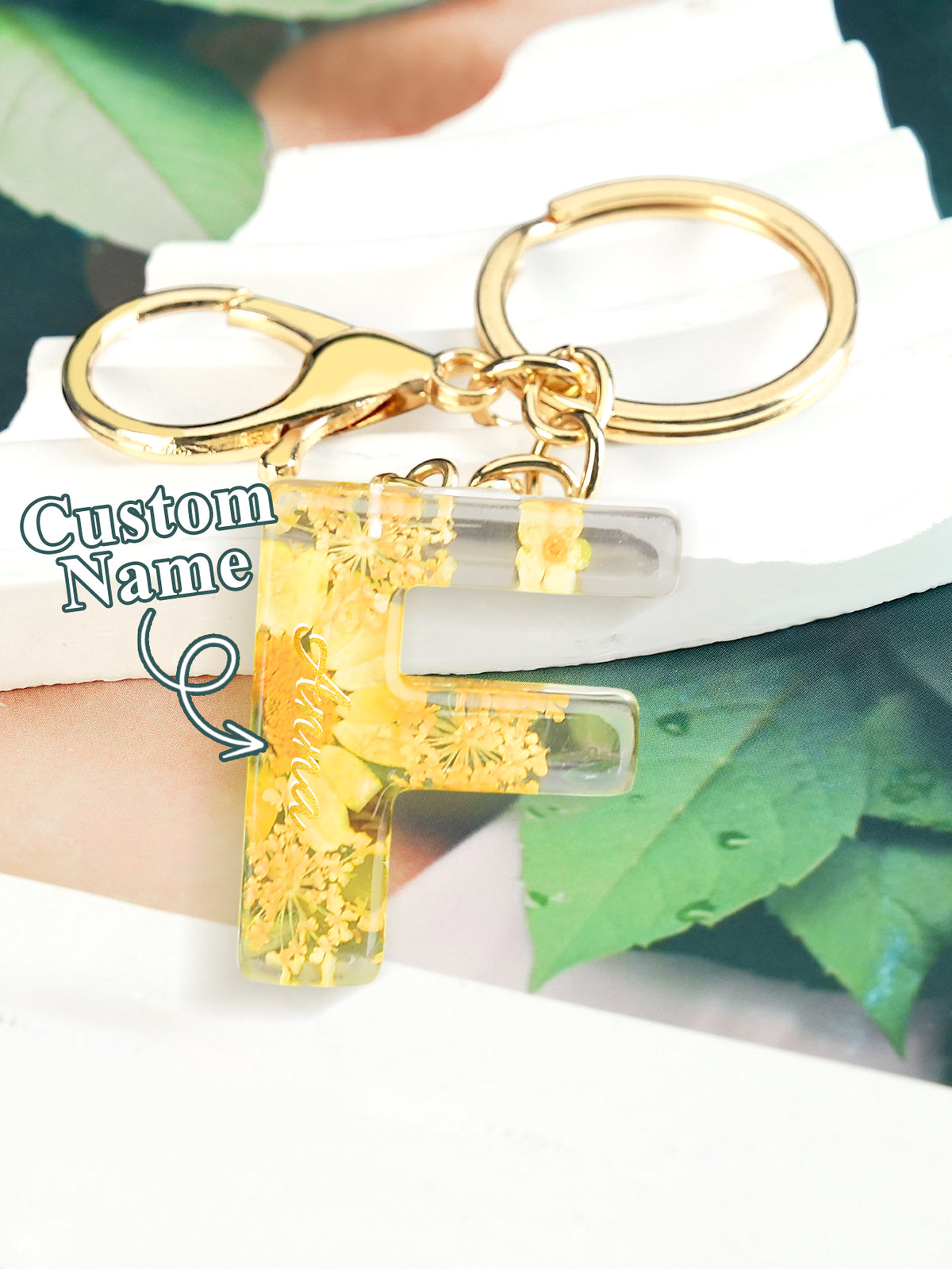 Personalized Name Light Yellow Dried Flower Letter Keychain – Custom Alphabet Bag Charm — product image 9