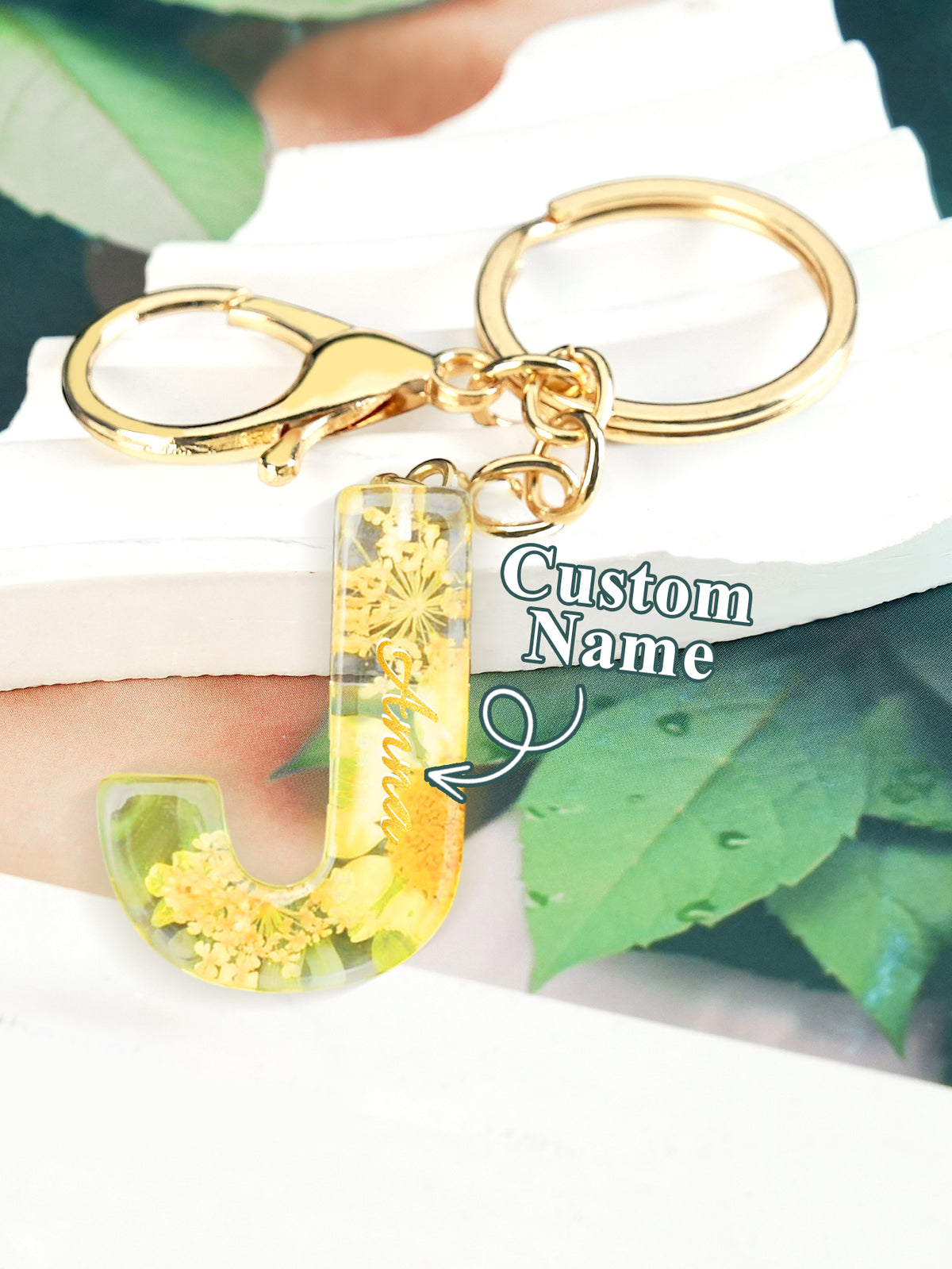 Personalized Name Light Yellow Dried Flower Letter Keychain – Custom Alphabet Bag Charm — product image 13