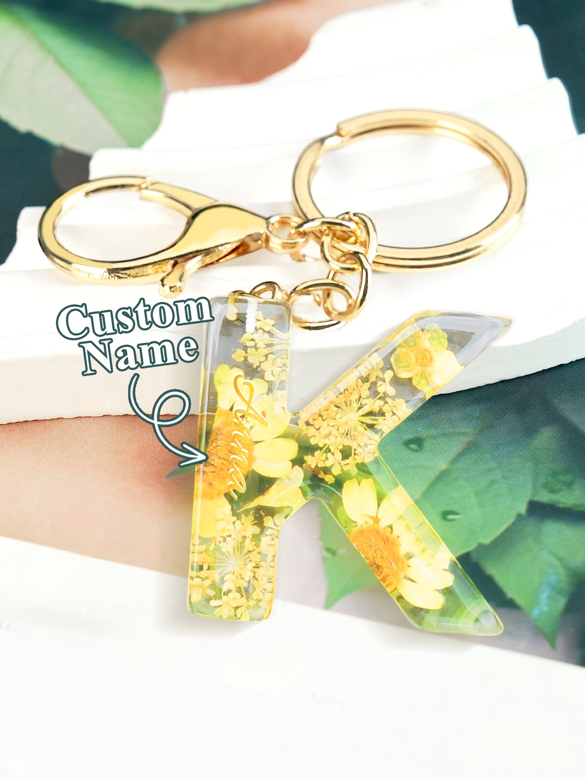 Personalized Name Light Yellow Dried Flower Letter Keychain – Custom Alphabet Bag Charm — product image 14