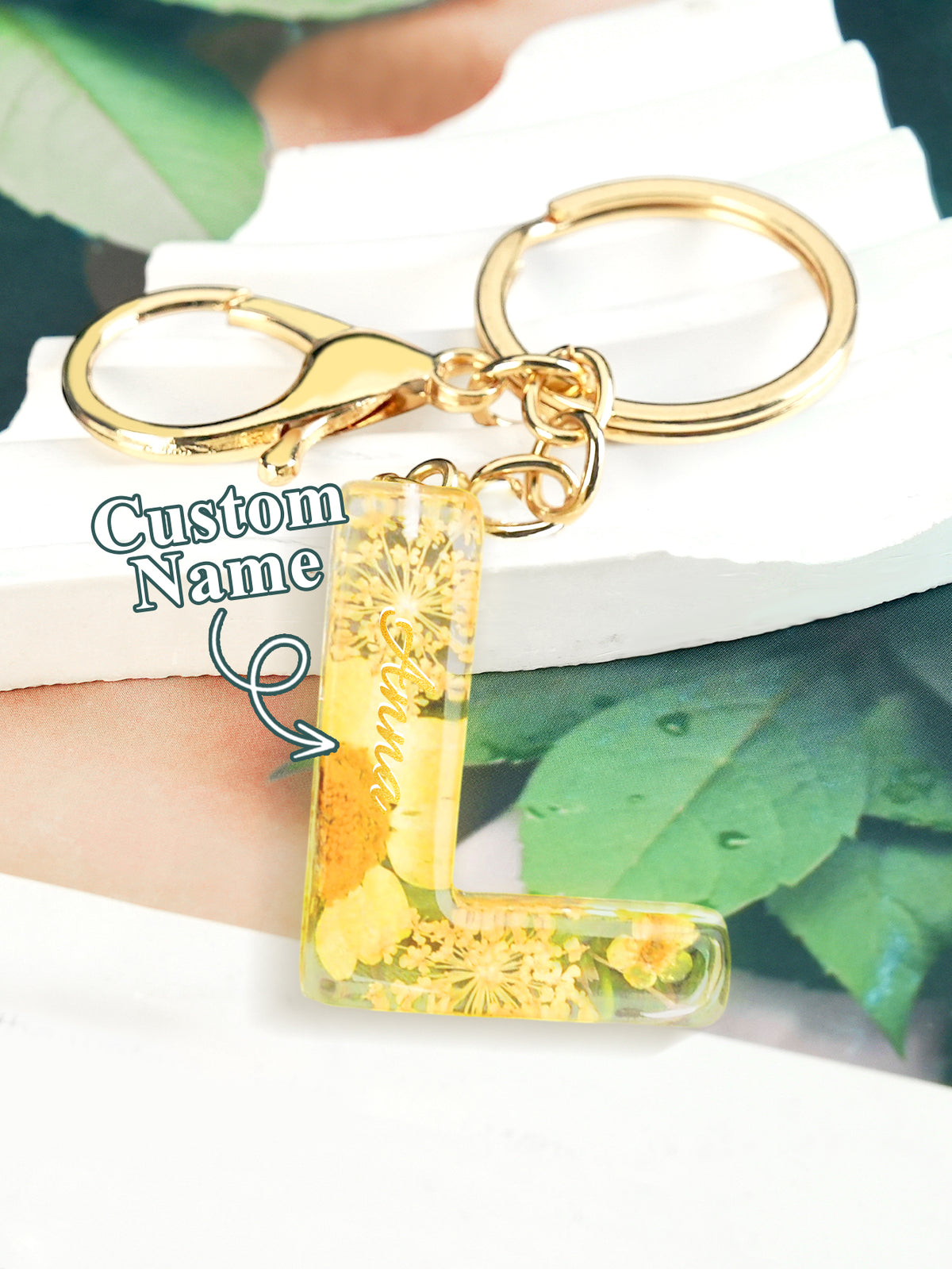 Personalized Name Light Yellow Dried Flower Letter Keychain – Custom Alphabet Bag Charm — product image 15