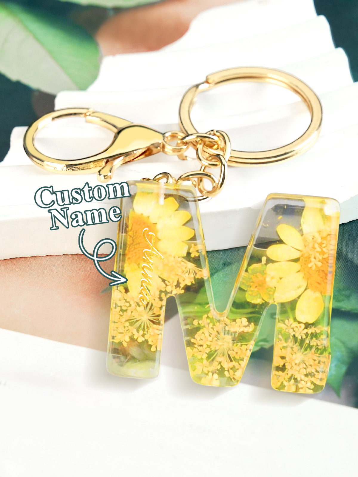 Personalized Name Light Yellow Dried Flower Letter Keychain – Custom Alphabet Bag Charm — product image 16