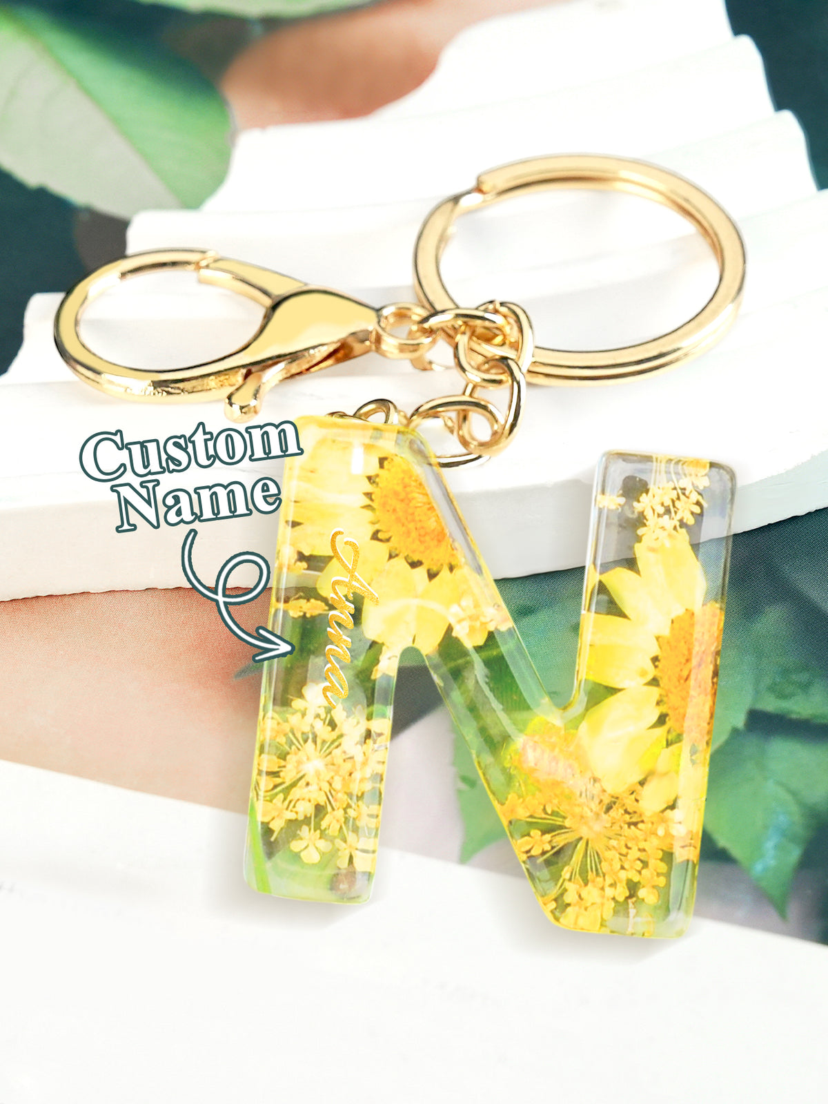 Personalized Name Light Yellow Dried Flower Letter Keychain – Custom Alphabet Bag Charm — product image 17