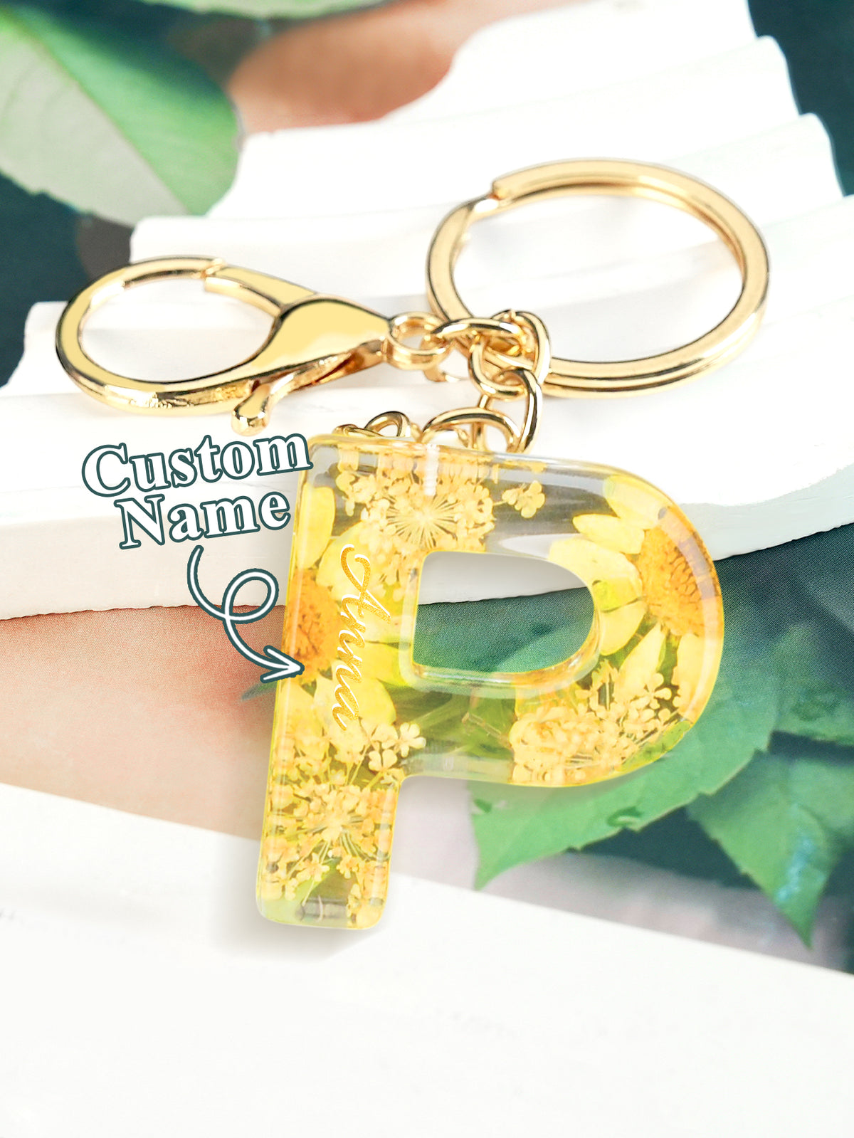 Personalized Name Light Yellow Dried Flower Letter Keychain – Custom Alphabet Bag Charm — product image 19