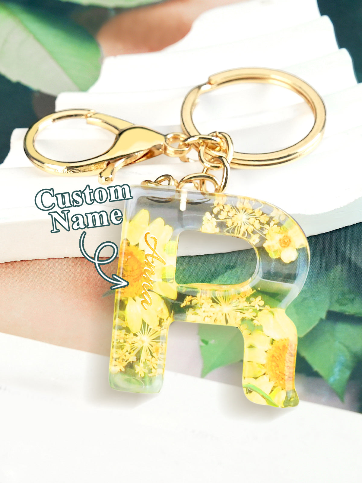 Personalized Name Light Yellow Dried Flower Letter Keychain – Custom Alphabet Bag Charm