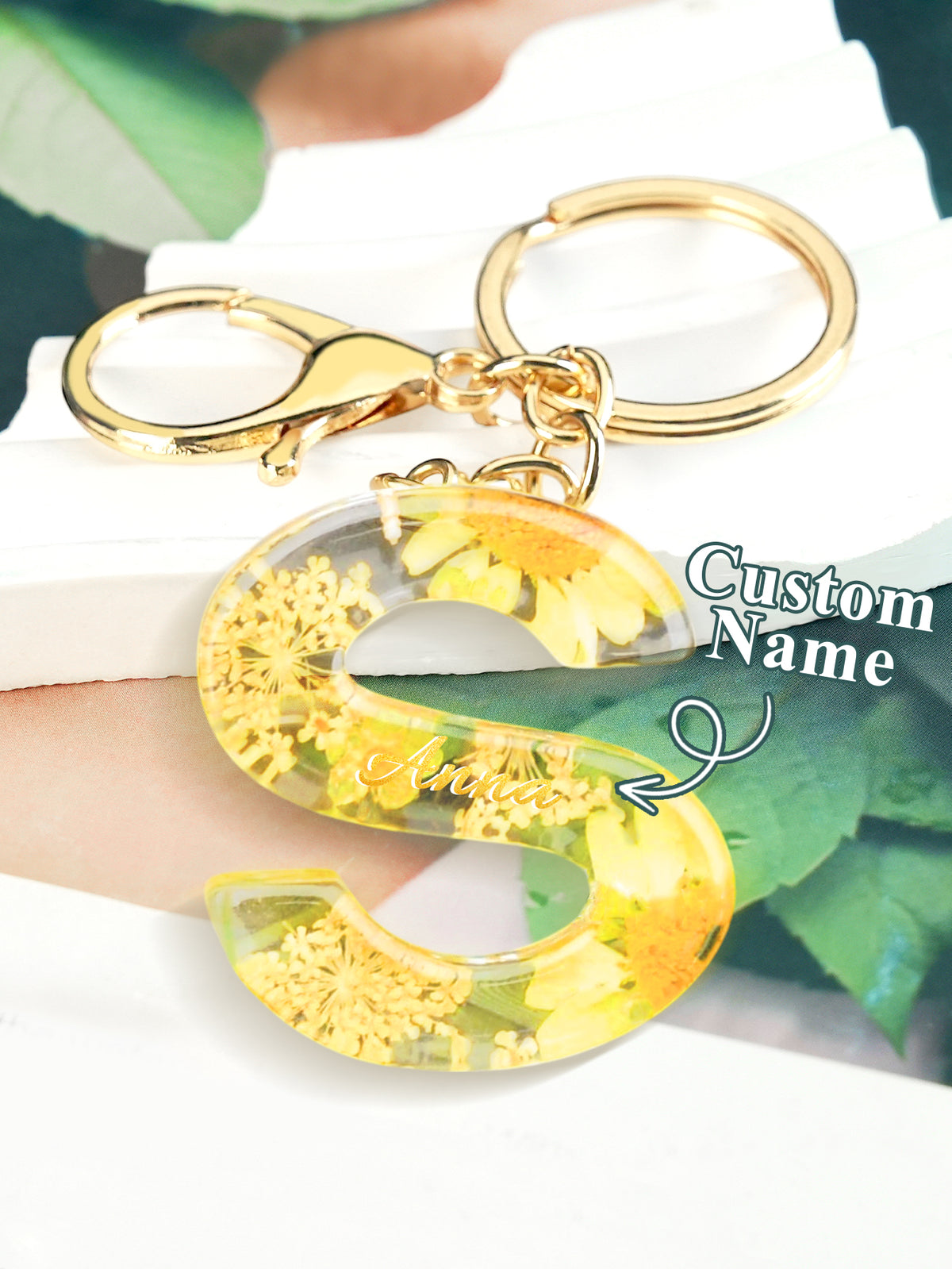 Personalized Name Light Yellow Dried Flower Letter Keychain – Custom Alphabet Bag Charm