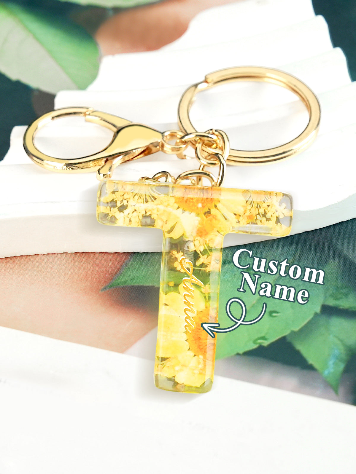 Personalized Name Light Yellow Dried Flower Letter Keychain – Custom Alphabet Bag Charm