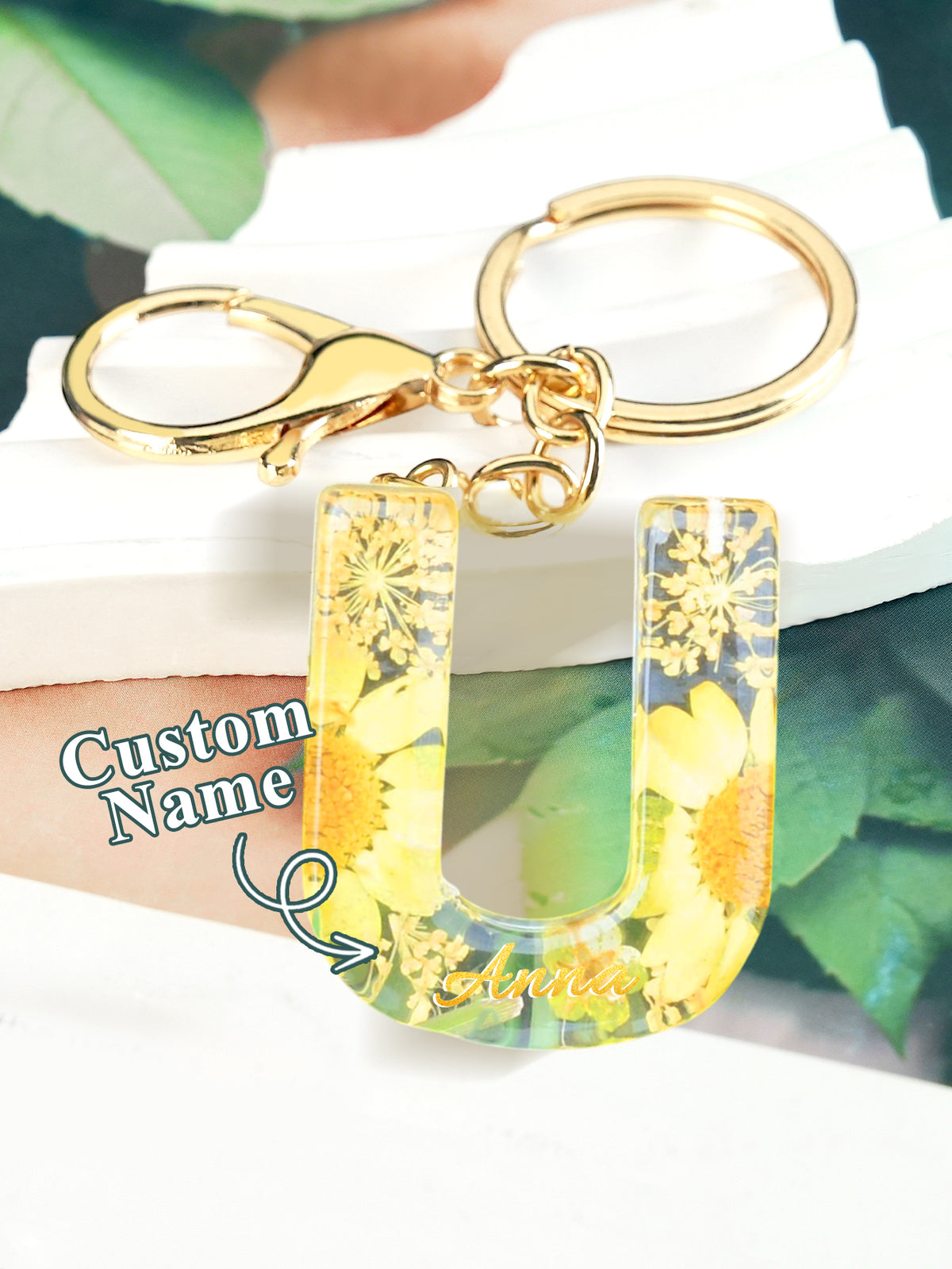 Personalized Name Light Yellow Dried Flower Letter Keychain – Custom Alphabet Bag Charm