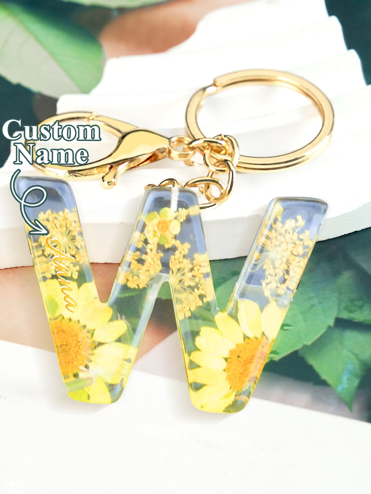 Personalized Name Light Yellow Dried Flower Letter Keychain – Custom Alphabet Bag Charm