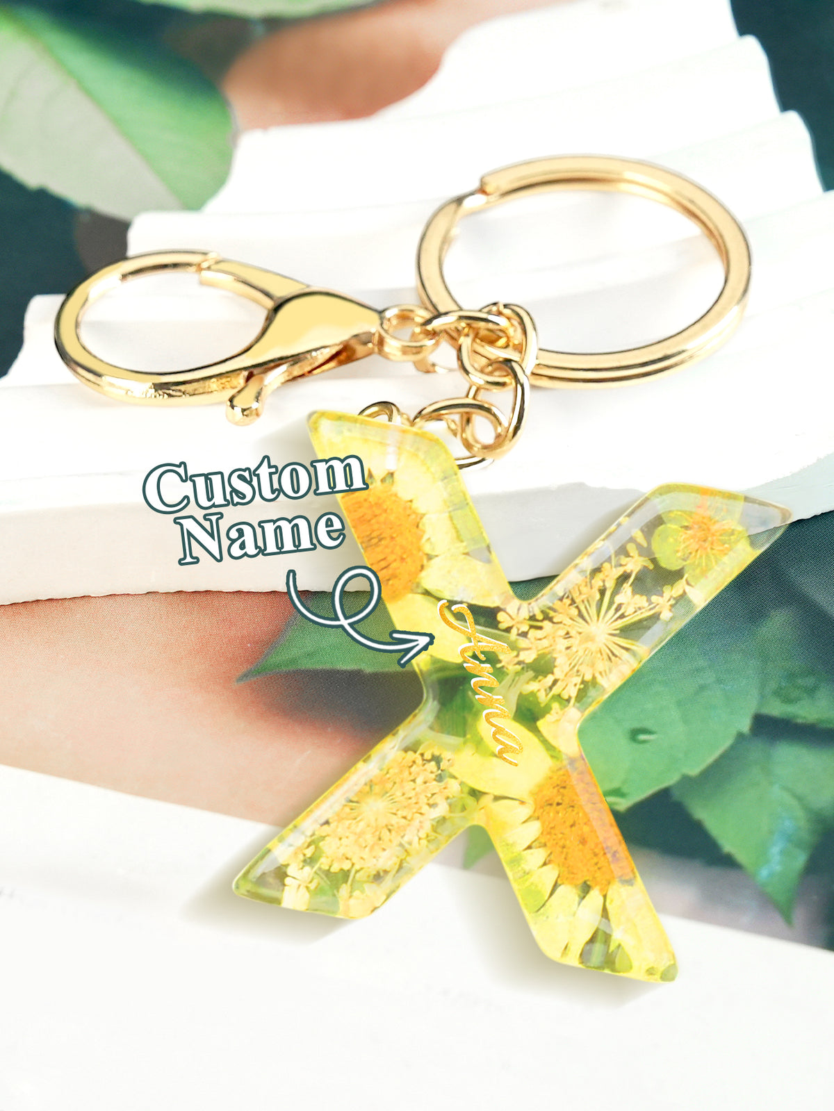 Personalized Name Light Yellow Dried Flower Letter Keychain – Custom Alphabet Bag Charm