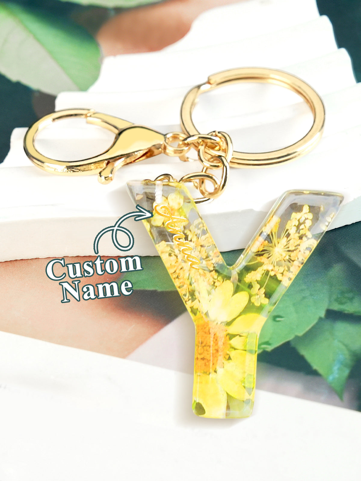 Personalized Name Light Yellow Dried Flower Letter Keychain – Custom Alphabet Bag Charm