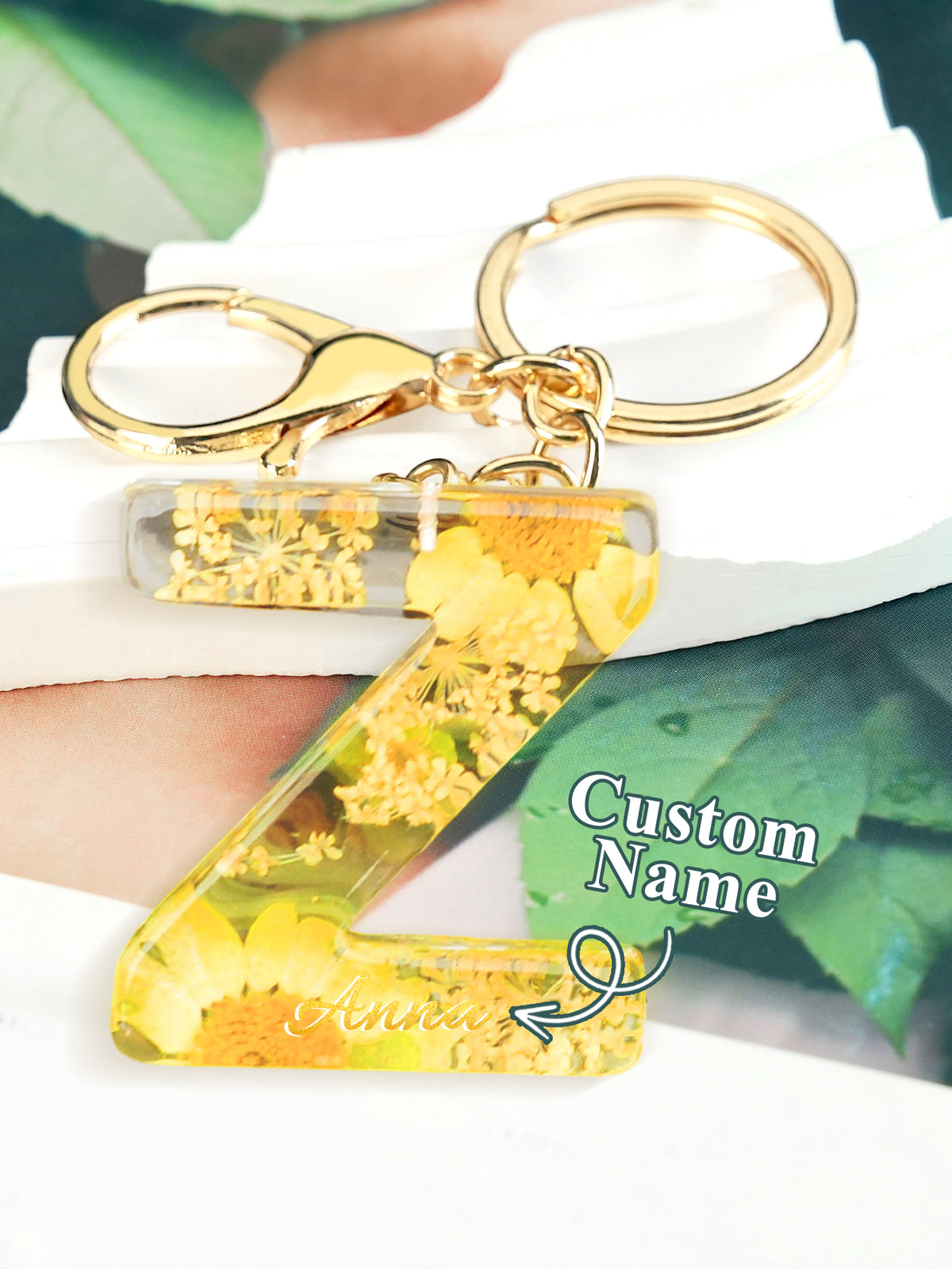 Personalized Name Light Yellow Dried Flower Letter Keychain – Custom Alphabet Bag Charm