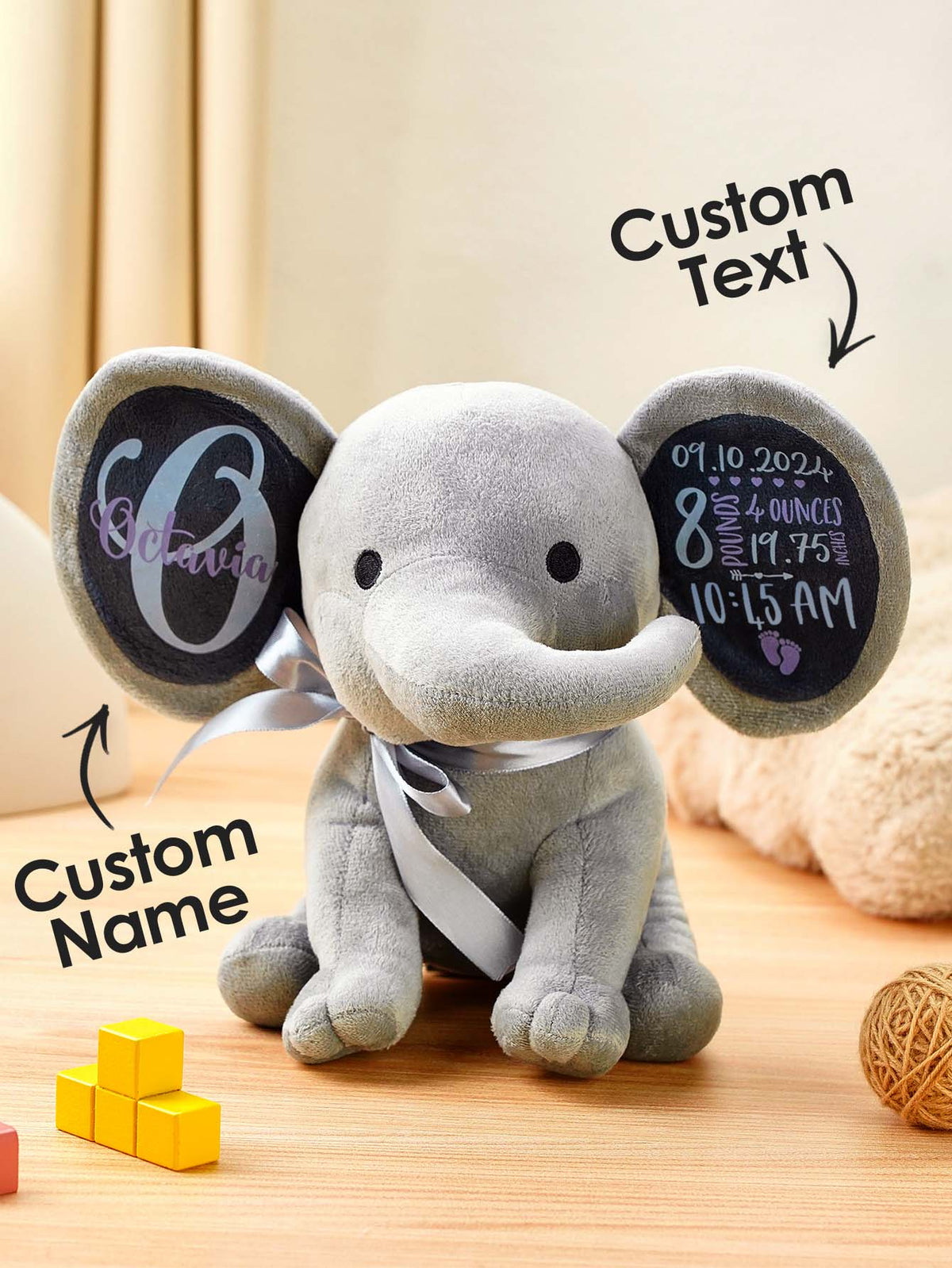 Personalized Elephant Plush Stuffed Animal Birth Announcement Gift for Baby — product image