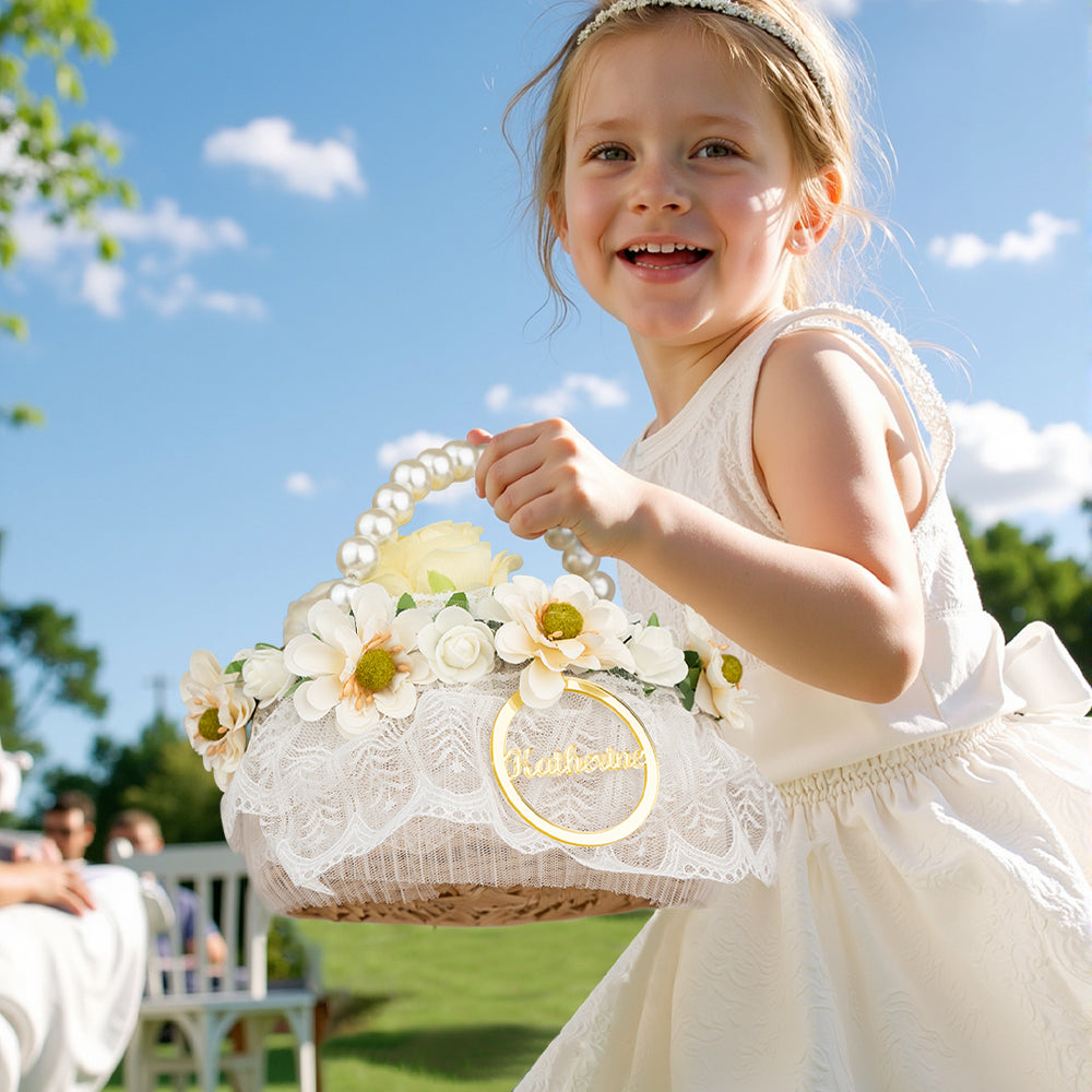 Personalized Handmade Flowers Wreath Rattan Flower Girl Basket with Name and Pearl Handle Wedding Ceremony Gift — product image 3
