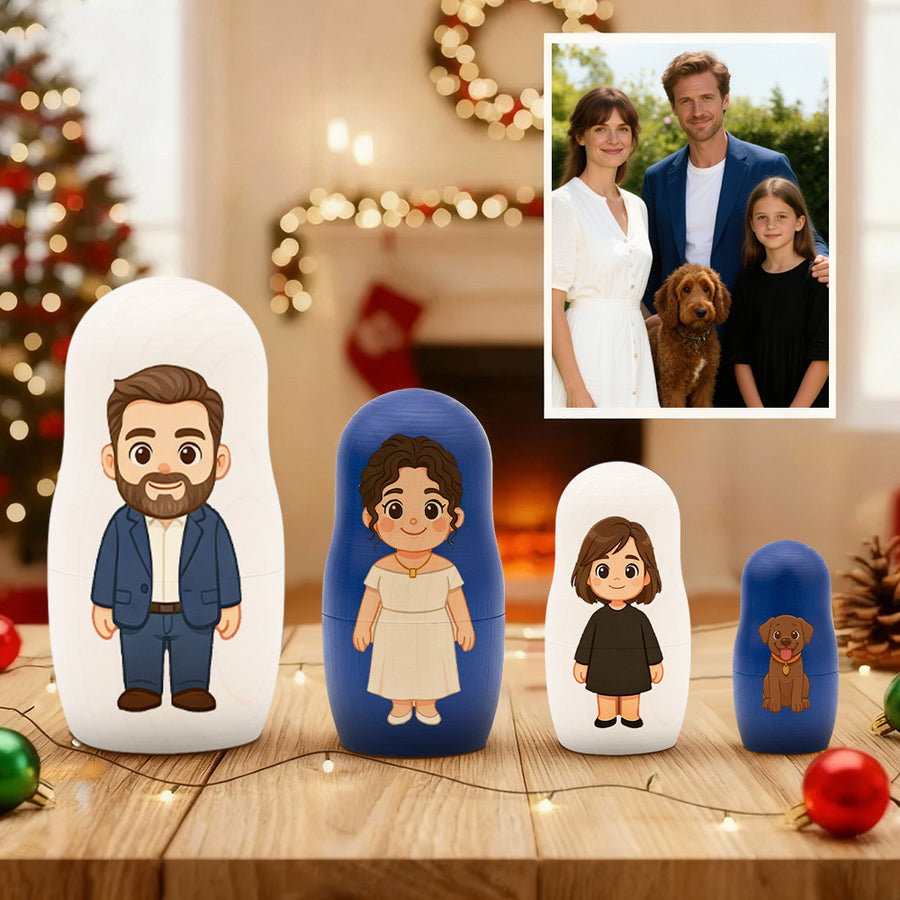 Personalized Family Portrait Nesting Doll with Box Custom Photo into Cartoon Style Preview Christmas Gift — product image