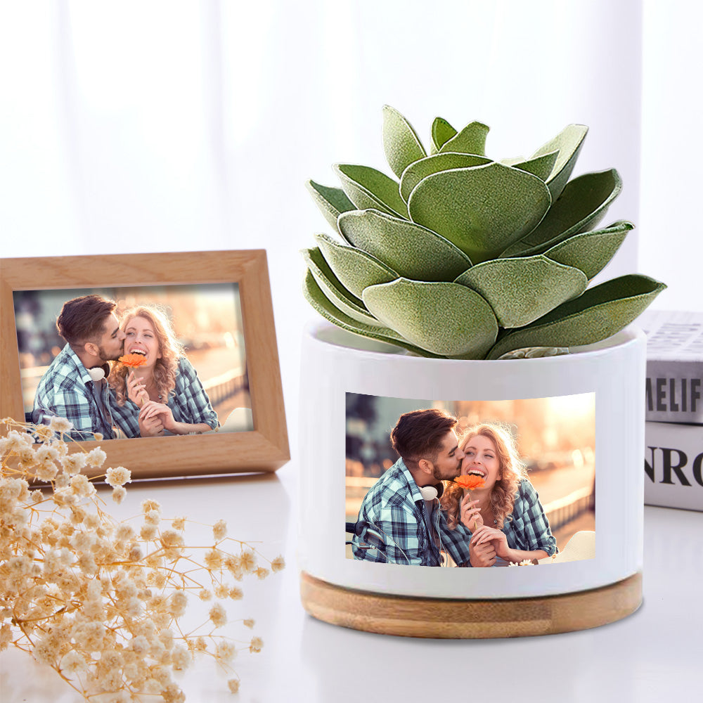 Custom Photo Ceramic Flower Pot Personalized Modern Succulent Planter Pots with Bamboo Tray — product image