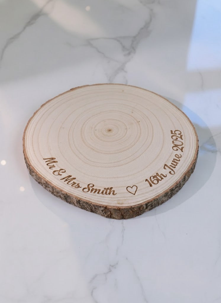 Personalized Engraved Wood Slice Wedding Cake Display Board