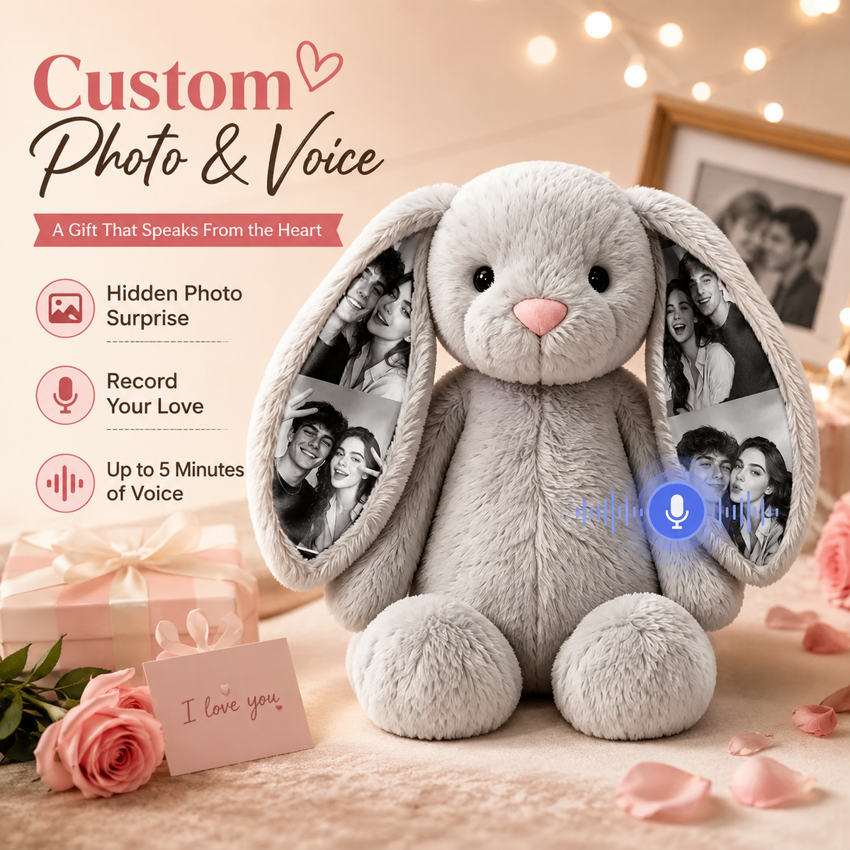 Personalized Voice Recording Bunny Plush with Hidden Photo Ears Anniversary Gift — product image