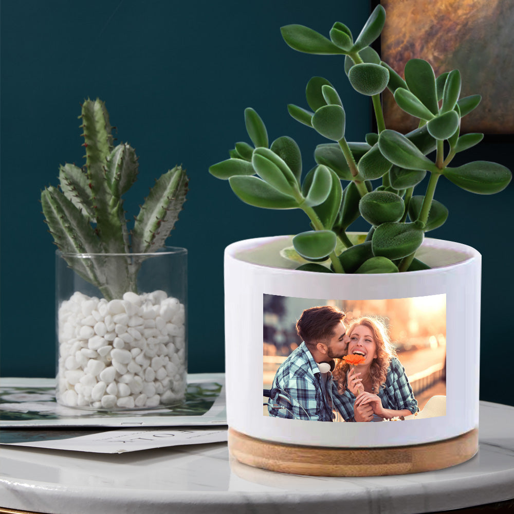 Custom Photo Ceramic Flower Pot Personalized Modern Succulent Planter Pots with Bamboo Tray — product image 2