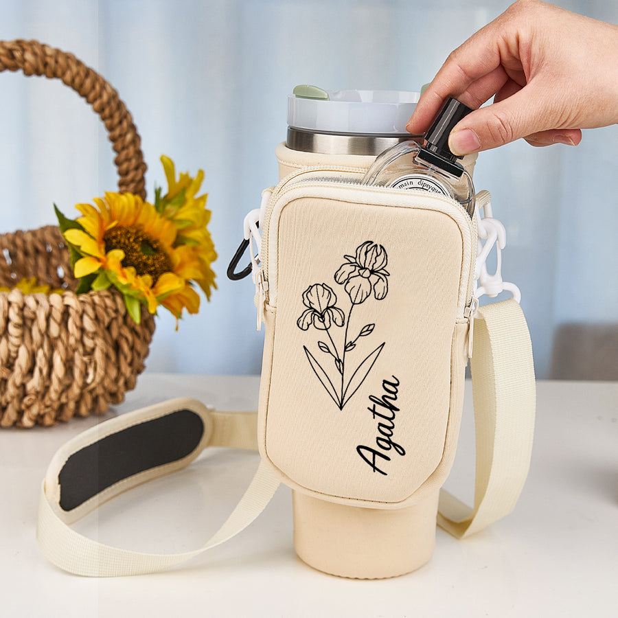 Personalized Birth Flower Waterproof Bottle Carrier Bag for 40oz Stanley Tumbler Gift for Her — product image