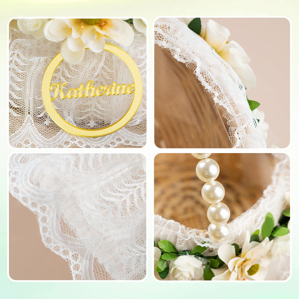 Personalized Handmade Flowers Wreath Rattan Flower Girl Basket with Name and Pearl Handle Wedding Ceremony Gift — product image 5