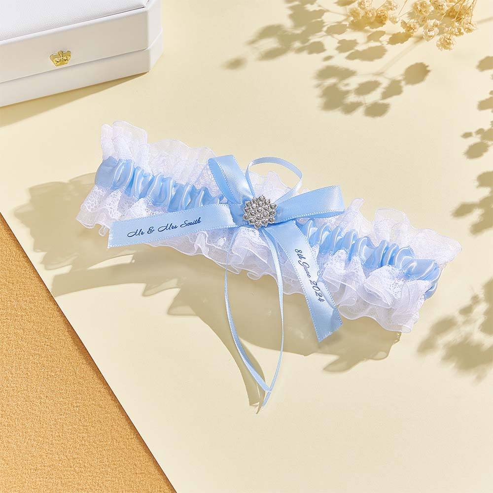 Personalized Wedding Garter with Name and Wedding Date Excellent Gift for the Bride Something Blue — product image