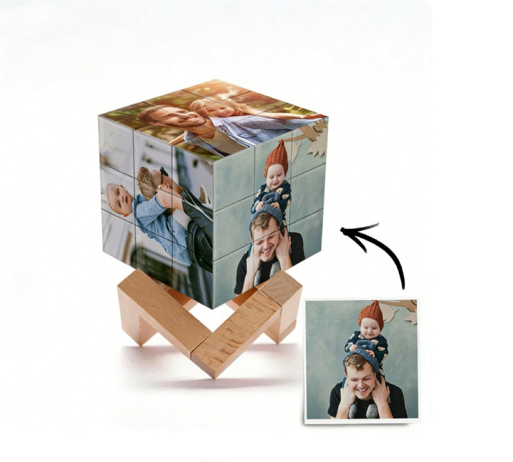 Personalised Magic Cube Picture Cube Gift For Dad With Wooden Rubic's Cube Bracket — product image
