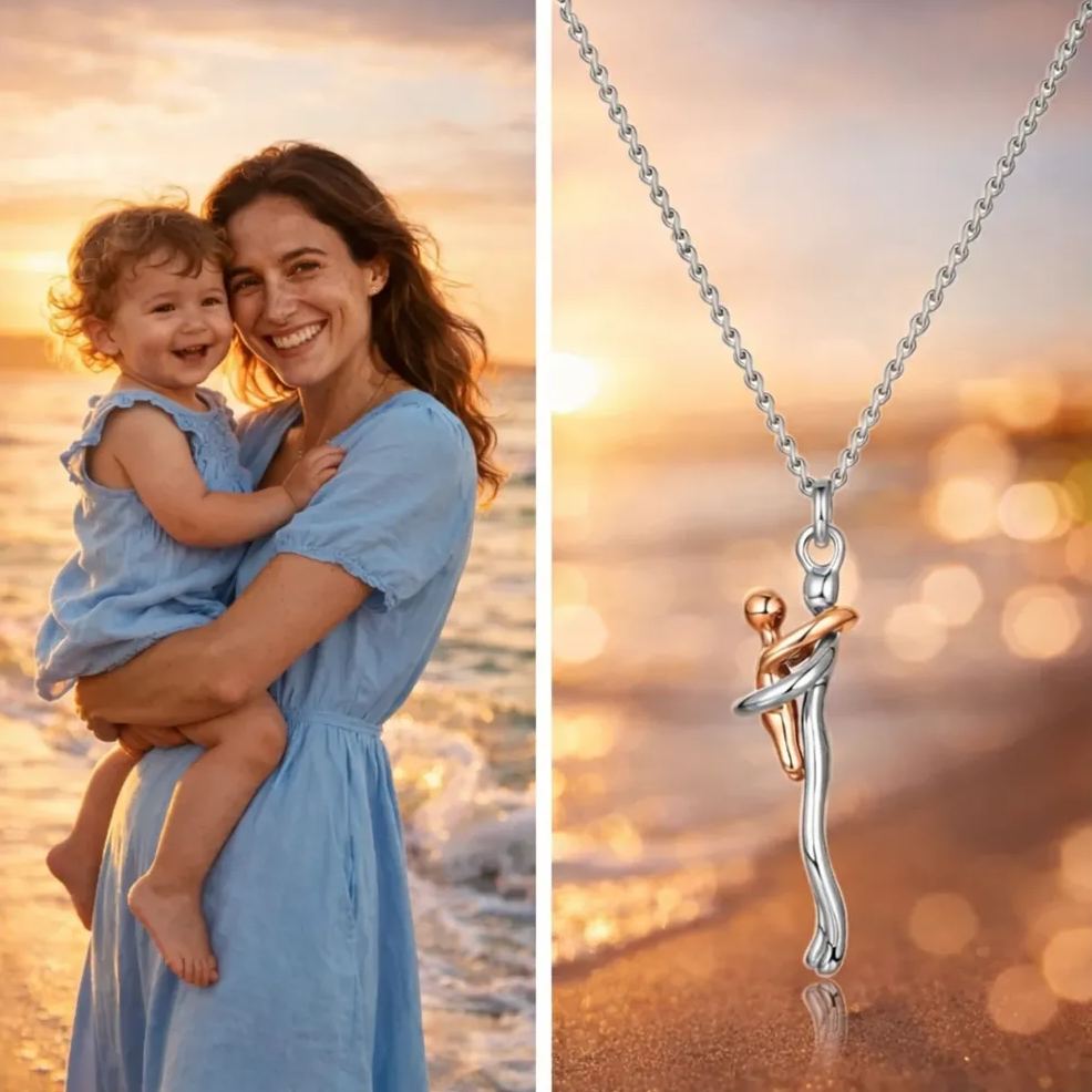 Mother Child Hug Necklace - Two Tone Embrace Pendant Jewelry Gift,Gift for her, Gifts,Mother's Day Gift — product image